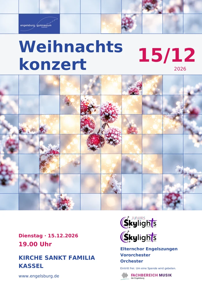 Plakat zum Weihnachtskonzert der Engelsburg am 15. Dezember 2026 in der Kirche Sankt Familia Kassel